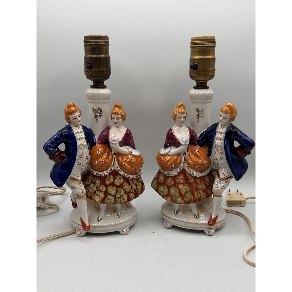 PAIR VINTAGE VICTORIAN COLONIAL COUPLE FUGURINE LAMP HANDPAINTED NIPPON JAPAN